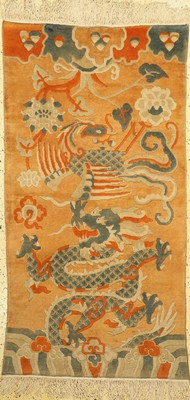 Nepal"Drachen-Teppich", ca. 50 Jahre, Wolleauf Baumwolle, ca. 170 x 90 cm, Reinigungsbedürftig, EHZ: 1-2
