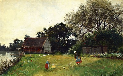 Rob. Schultz, deutsch um, 1900, bäuerliche Landschaft mit Bäuerin und Mädchen am Fluss, Öl/Platte, re. u. signiert, min. besch., ca. 32 x 50 cm, ...