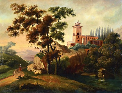 Unbekannter Spätromantiker, Mitte 19. Jh., italienische Landschaft mit Spaziergängerin, Öl/Lwd, unsigniert, Altersschäden, z.T. rest., ca. 47 x ...
