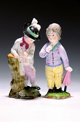 Zwei Figuren, Entwurf J.P. Melchior, Höchst, Knabe mit Birne, l. fachgerecht rest., H. ca. 12 cm und Damm, Knabe mit Regenschirm, Ritzmarke 214, ...