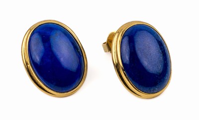Paar 14 kt Gold Lapislazuli-Ohrstecker, GG 585/000, ovale Lapislazulicabochons im GG Rahmen, L. ca. 2 cm, ca. 6.6 g