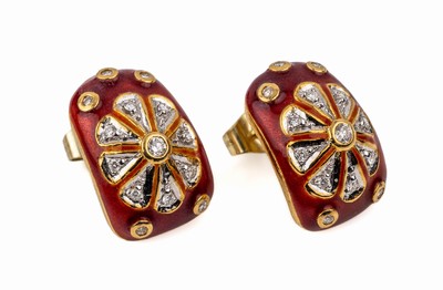 Paar 18 kt Gold Email-Diamant-Ohrstecker, GG 585/000,floral bes. mit 28 Brillanten zus. ca. 0.14 ct Weiß/si-p, rot emaill., ca. 6.2 g
