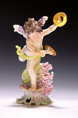 Porzellanfigur, Meissen, um 1900, Entwurf Gustav Stellmacher 1897, musizierende Amorette, Amor mit Becken, polychrom bemalt, Goldstaffage, rest., H. ...