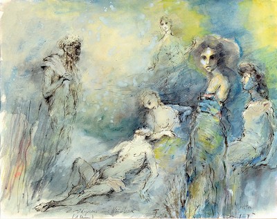 Paul Löffler, 1938-1995 Mannheim, Odysseus und Nausikaa, Aquarell und Tusche, rechts unten signiert, mittig unten betitelt, ca. 37x47cm, PP, u.Gl., ...