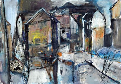 Paul Löffler, 1938-1995 Mannheim, Ansicht aus Mannheim, Gouache, collagiert mit Zewitungsausschnitten, signiert, ca. 49x 70cm, u.Gl., R. ca. 52x73cm