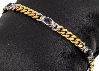 14 kt Gold Saphir Diamant Armband, GG/WG 585/000, 5 in WG gefasste Saphire zus. ca. 3.00 ct, 10 Brillanten zus. ca. 0.10 ct Weiß/ si, L. ca. 19 cm, ...
