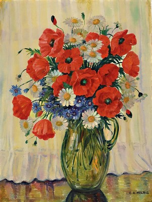 C.R. Helbig, Blumenstillleben mit Mohnblumen Öl/Karton, recht unten signiert, Rahmen 65x50cm