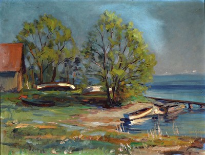 Karl Oertel, 1890-1979 Karlsruhe, Uferlandschaft, Öl/Platte, links unten signiert, Rahmen best. 50x60 cm; Studium an der Kunstgewerbeschule und ...
