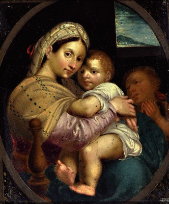 Kopie nach Raffael, 1483 Urbino - 1520 Roma, Madonna della Seggiola, Öl/Kupferplatte, feine lasierende Malerei, Farbfehlstellen bzw. Altersspuren, ...