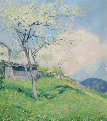 Anton Reinbold, 1881-1968 Berchtesgaden, Blühender Baum auf einer Alm in Hochgebirgslandschaft, Öl/Lwd, rechts unten signiert, ca. 85x73cm, R. ca. ...