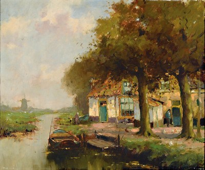 L. v. Bangert o.ä., niederländischer Maler, um 1900, Landschaft mit Windmühle, rechts ein Bauerngehöft am Kanalufer, Öl/Lwd, rechts unten schwer ...