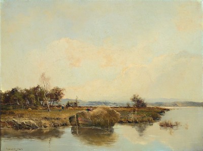Ludwig Gschossmann, 1894 Straßburg-1988 Tegernsee, Seeuferlandschaft unter weitem Himmel, Öl/Lwd, links unten signiert, ca. 60x80cm, ...