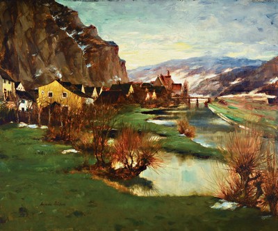 August Böcher, 1876 Biebrich/Rhein-1961, März an der Altmühl, Öl/Holz, links unten signiert, ca. 97x117cm, R. ca. 109x129cm, rückseitig Fragment ...
