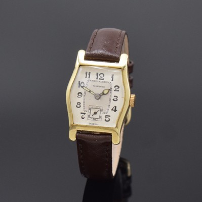TAVANNES Armbanduhr in GG 585/000, Schweiz um 1930, Handaufzug, seitl. grav. Geh. u. Scharnierboden dell., silb. Zifferbl. rest., arab. Zahlen, ...