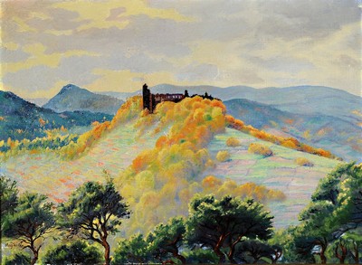 August Wilde, 1881 Ludwigshafen-1950 Bad Dürkheim, Studium an der Akademie München bei Herterich und Franz von Stuck, hier: Blick auf die Limburg, ...