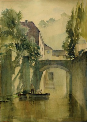 Bruno Ernst Scherz, 1889-1955, Stiller Winkel am Main , rückseitig auf dem Ausst.- Etikett der gr. Kunstausst. München 1943 so betitelt, Aquarell, ...