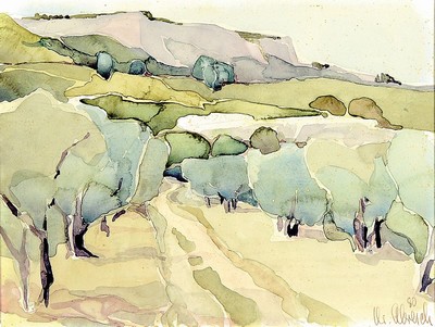 Christel Abresch, 1931 Sulzbach-2011 Neustadt/Wstr., Hügelige Landschaft mit Bäumen, Aquarell, rechts unten signiert und dat. 80, ca. 17x22cm, PP, ...