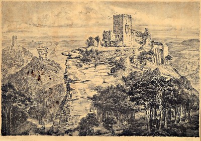 Heirnich Strieffler, 1872 Neustadt/Wstr.-1949 Landau, 2 handsignierte Lithographien, Trifels und Weinleseszene, je ca. 25x36cm, gebräunt, fleckig, ...