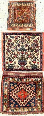 3 Lots aus 1 Poschti & 2 Taschen, Persien, um 1900/1920, Wolle auf Wolle, ca. 53 x 50 cm, EHZ: 3