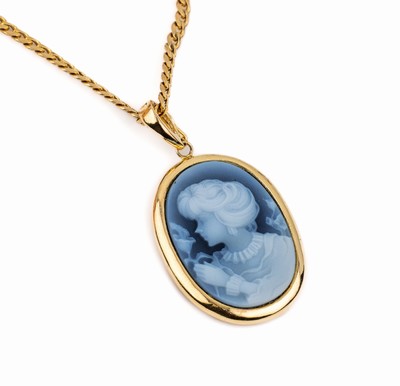 14 kt Gold Anhänger mit Lagensteinkamee, GG 585/000, an Flachpanzerkette, GG 585/000, Lagenstein mit Mädchenportrait nach klass. Vorbild, ca. 3 x ...