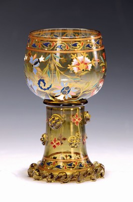 Prunkrömer, Poschinger, Kristall Fabrik, Fraunau, um 1906, bräunlich getöntes Glas mit reicher qualitätvoller Emailmalerei, abstrakt floral und ...