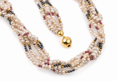 5-reihiges Zuchtperl-Farbstein-Collier, Kugelschließe GG 585/000, Hämatit und TurmalinKügelchen, L ca. 43 cm