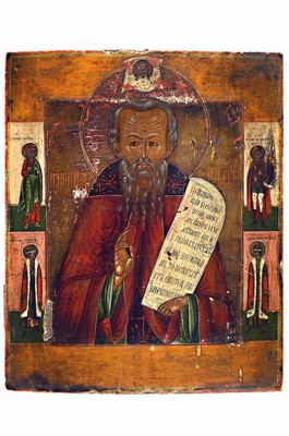 Ikone, Russland, 19.Jh., Tempera auf Holz, Hl. Nikolaus flankiert von vier Randheiligen, Oberflächenschäden u. rest., 36x30 cm