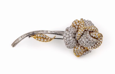 18 kt Gold Brillant-Brosche, "Rose", GG/WG 750/000, vollplastische Ausarbeitung mit Blüteund Blättern, Stängel bes. mit 14 Diamant- ...