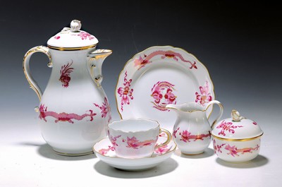 Kaffeeservice für 6 Personen, Meissen, 2. Hälfte 20. Jh., 1. Wahl, Dekor chinesischer Hofdrache in Purpur, goldschattiert, Kaffeekanne, Zuckerdose ...