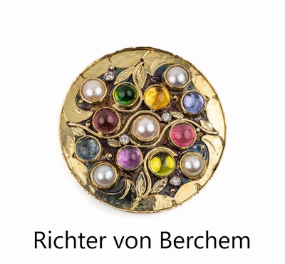 14 kt Gold RICHTER VON BERCHEM Farbstein- Diamant-Perl-Brosche, GG 585/000 und 925er Silber, florale Gestaltung, bes. mit Citrin-, Peridot-, ...