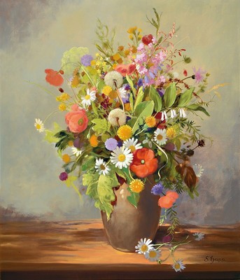 Sepp Happ, geb. 1912 Bad Brückenau, Stillleben mit Feldblumen, Öl/Lwd, rechts unten signiert, ca. 70x60cm, R. ca. 89x79cm, mit Urkunde des ...