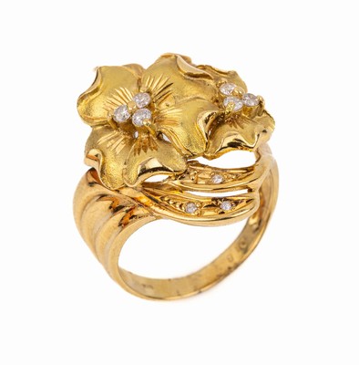 18 kt Gold Diamant "Blüten" Ring, GG 750/000, Blütenstempel besetzt mit Diamanten zus. ca. 0.18 ct grav. Weiß/si-p, RW 53, ca. 6.9 g