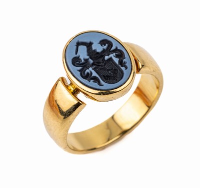 18 kt Gold Achat-Siegelring, GG 750/000, ovale Lagensteinachatplatte mit Wappengravur, RW 51, ca. 6.3 g