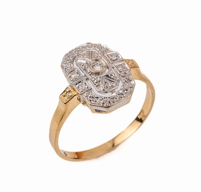 14 kt Gold Art Deco Diamant-Ring, um 1920-30, GG/WG 585/000, mittig kl. Altschliff- diamant, 8/8 Diamanten, RW 62, ca. 3.3 g