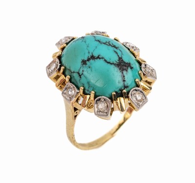 14 kt Gold Türkis Diamant Ring, GG 585/000,ovaler Türkiscabochon umgeben von 8 Diamantrosen in WG gefasst, RW 52, ca. 5.4 g