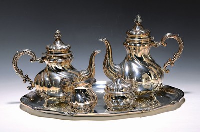 Kaffee- und Teeset, deutsch, wohl Otto Hintze Hamburg, 925er Sterling Silber, Barockstil, in sich gedreht, Henkel mit Rocaillen, Tablett ca. 40x31cm, ...