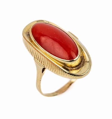 14 kt Gold Korallen Ring, GG 585/000, ovaler Korallencabochon, von guter Farbe, RW 54, ca. 3.9 g, ca. 4 g, Versand nur innerhalb der EU