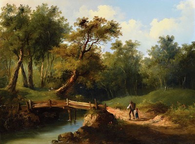 Unbekannter Romantiker, 2. Hälfte 19. Jh., Vater mit Tochter auf dem Weg über eine Brücke in den Wald, unsigniert, Öl/Lwd, 48x64cm, Prunkrahmen ...