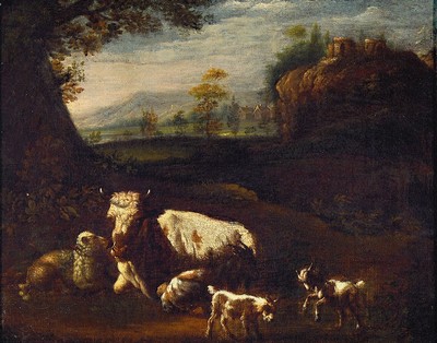 Johann Heinrich Roos, 1631-1685, Pastorale mit Kuh, Schaf und Ziegen in idealer Landschaft mit Ruine, Öl/Lwd, rest., doubl., rechts unten signiert ...