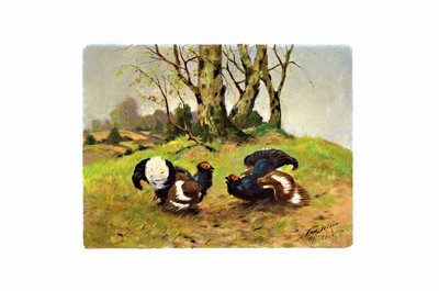 Karl Deiker, 1879-1958 Düsseldorf, Balzende Birkhühner auf einer Lichtung, Öl/Hartfaser, rechts unten sign. und dat. 07 .1947, ca. 60x80cm, ...