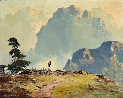Arnold Graboné, 1896 München-Percha, Hochgebirgslandschaft mit Marterl, Öl/Lwd, expressiver Pinselduktus, teils gespachtelt, links unten signiert, ...