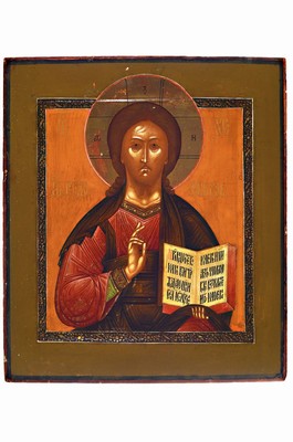 Ikone, Zentralrussland, 19. Jh.,, Christus Pantokrator, auf Holz, restaurierter guter Zustand, min. Gebr.spuren am Rand, ca. 35 x 31 cm