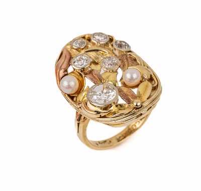14 kt Gold Perlchen-Diamant-Ring, "Gartenring", deutsch um 1940, GG/WG/RG 585/000, florale Darstellung, feine Ausarbeitung von Blättern ...