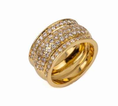 Breiter 18 kt Gold Brillant-Ring, GG 750/000, 5 rhg. bes. mit 73 Brillanten zus. ca. 0.78 ct feines Weiß/vs-si, RW 56 ca. 12.4 g, B. ca. 11.4 mm
