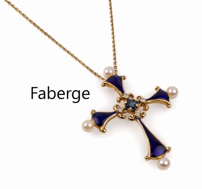 14 kt Gold FABERGE Mitternachts-Saphirkreuz- Anhänger, GG 585/000, mittig ein facett. Saphir (min. bestoßen), umgeben von 4 kl. Diamanten, emaill. ...
