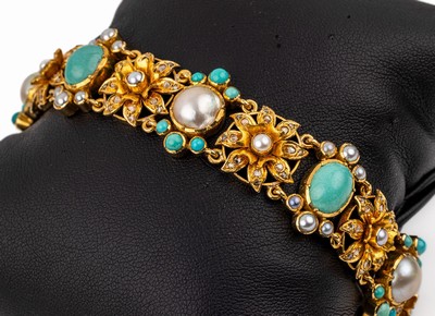 19 kt Gold Türkis-Zuchtperl-Armband, GG 800/000, Portugal, prunkvolle Arbeit, floral gestaltete Zwischenglieder, Türkiscabochons, Halbperlchen, ...
