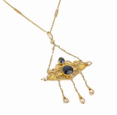 14 kt Gold Saphir-Perl-Anhänger, um 1900 , GG 585/000, gepr., Mittelteil filigran mit Perlchen, z.T. abgehängt, 2 facett. Saphire zus. ca. 3,20 ct, ...