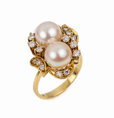 14 kt Gold Akoyazuchtperl-Brillant-Ring, GG 585/000, Unterkaderung, asymm. Ringkopf, l.rosef. Perlen, D. ca. 8.4 mm, 16 Brillanten zus. ca. 0.50 ct ...