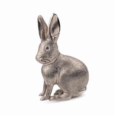 18 kt Gold Brillant-Brosche "Hase", WG 750/000, fein grav., ein Brillant als Auge ca.0.05 ct feines Weiß/vs, L. ca. 5 cm, total ca.23.0 ...