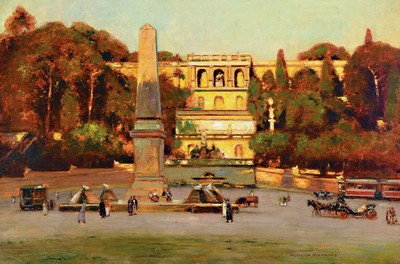 Heinrich Hermanns, 1862-1942 Düsseldorf, Platz vor einem Schloß mit Obelisk und Brunnen, Öl/Lwd, rest., doubl., rechts unten sign., ca. 58x86cm, ...